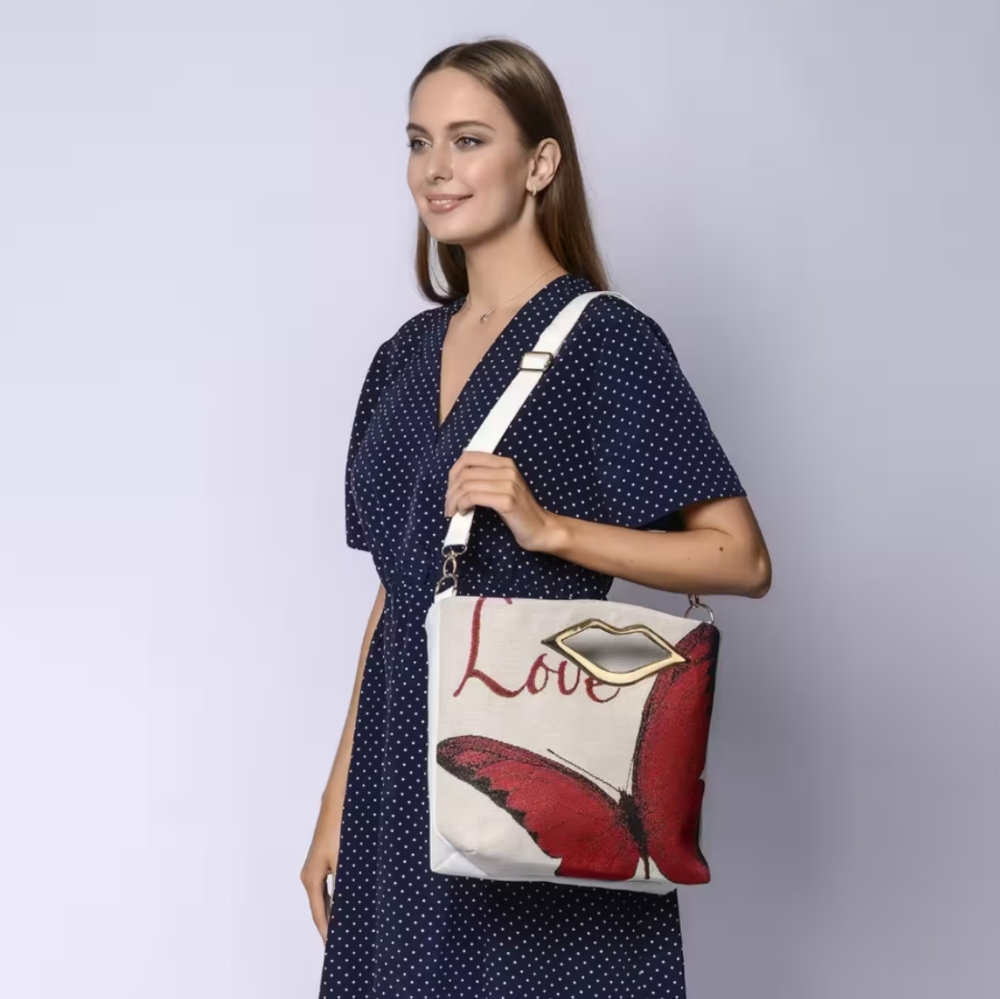 Love, Lips, Butterfly Red and White Statement Crossbody Bag